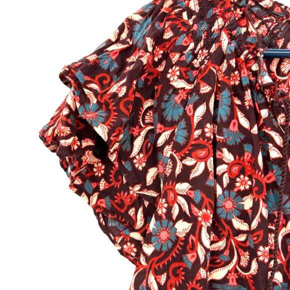 Old Navy Size Large Blouse Red Floral Babydoll Ruffle Ruched Tie Cottagecore‎ - Picture 4 of 6